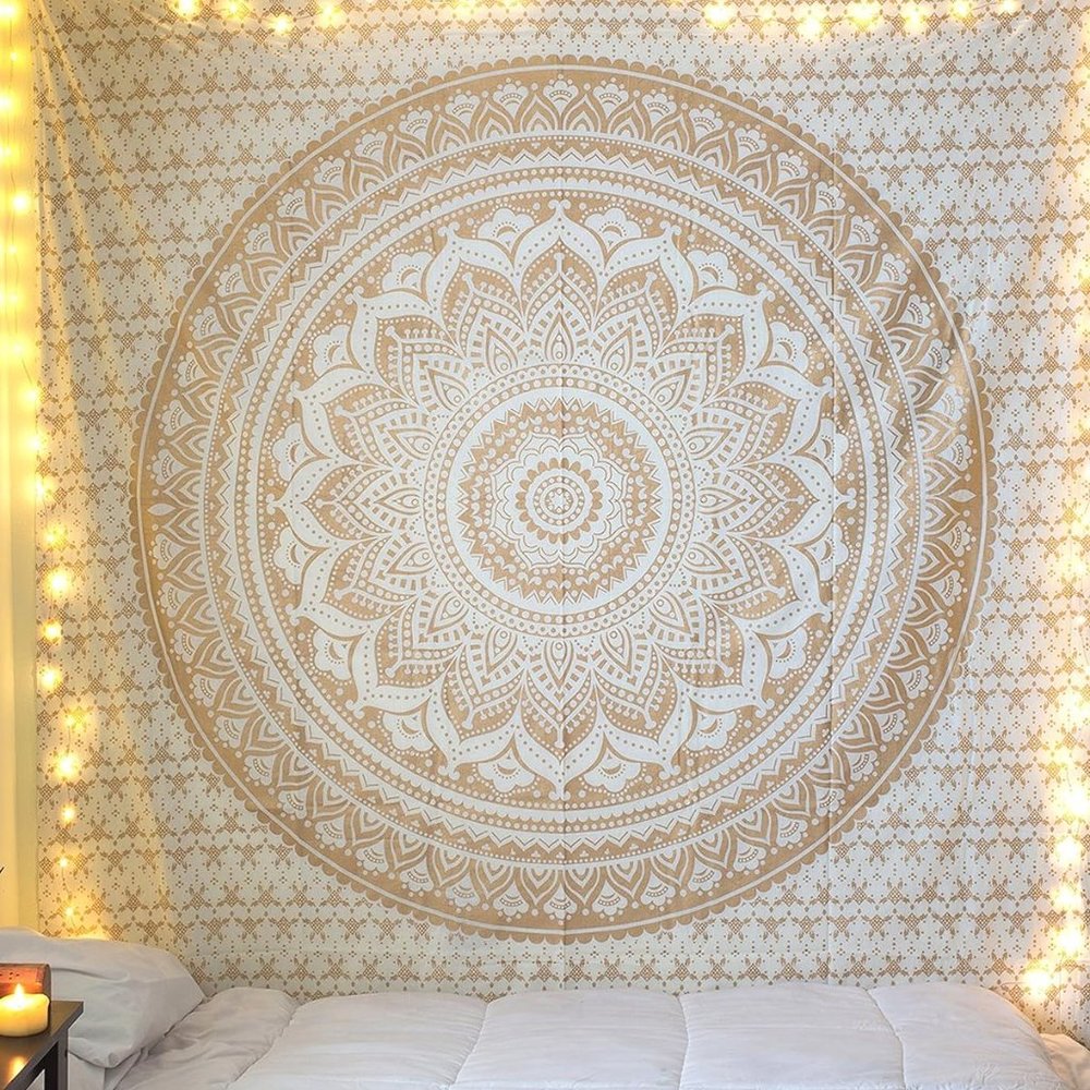 Gold Metallic Look Boho Wall Hanging Cotton Tapestry Bohemian Decor Mandala NEW - Picture 3 of 9